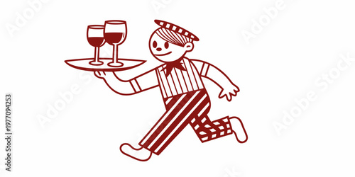 A retro illustration of a waiter carrying two glasses of wine