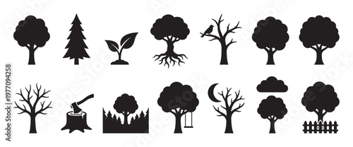 Diverse black tree silhouettes and nature elements are neatly arranged in a clean, graphic style, perfect for various design applications