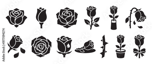 Various black rose icons depicting different stages of a rose, from bud to full bloom, and a dying flower, presented as simple graphic elements