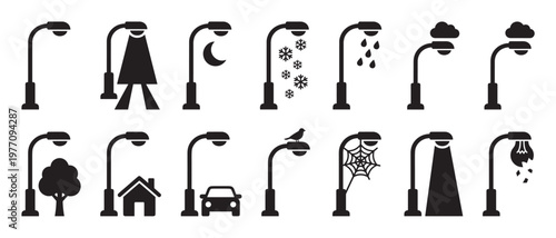Collection of black silhouette street lamp icons depicting various weather conditions and urban elements
