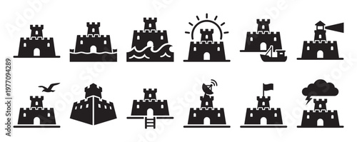 Collection of black silhouette sandcastle icons depicting various beach and weather scenarios in a clean, graphic style
