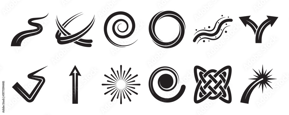 Fototapeta premium Collection of various black abstract vector shapes and symbols, including arrows, spirals, and decorative elements, presented in a clean graphic style