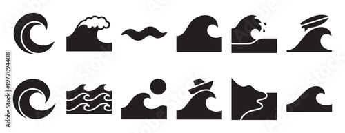 Collection of black wave icons in various shapes and styles, including a surfboard and boat, presented as a graphic design element