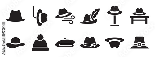 Collection of various black hat icons in a flat, minimalist style, showcasing different headwear designs