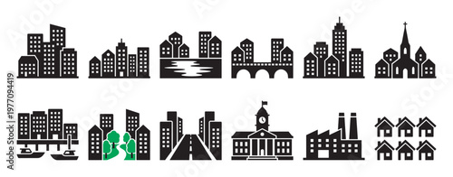 Various black and green city and town icons depicting different urban and suburban landscapes with buildings and infrastructure