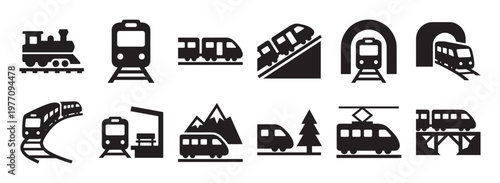 Collection of twelve black train icons depicting various railway scenarios and transportation modes in a clean, graphic style