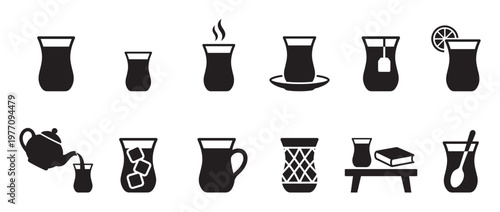 Collection of black silhouette Turkish tea glass icons depicting various states and accessories, presented in a clean, minimalist style