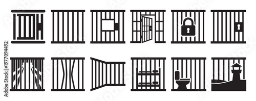 Various black prison bars and jail cell icons are arranged in rows, depicting different aspects of incarceration and confinement