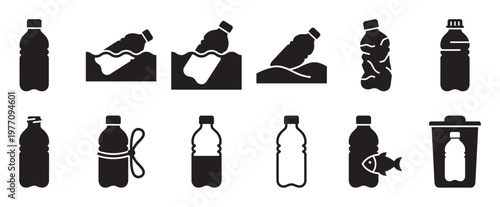 Collection of black silhouette plastic bottle icons depicting pollution, recycling, and environmental impact on a clean white surface