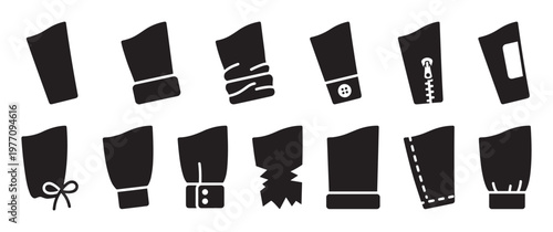 Collection of twelve diverse black sleeve cuffs with various design elements, presented as flat vector icons