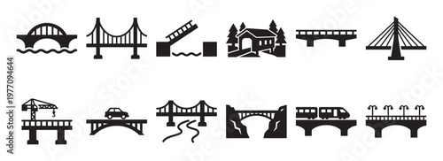 Comprehensive collection of various bridge types and structures, presented as bold black silhouette icons on a clean white field