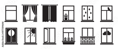 Various black and white window icons depicting different weather conditions, plants, and curtains in a simple graphic style