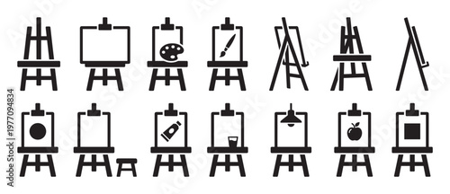 Collection of black silhouette easel icons representing various art and painting concepts, displayed in a clean graphic style