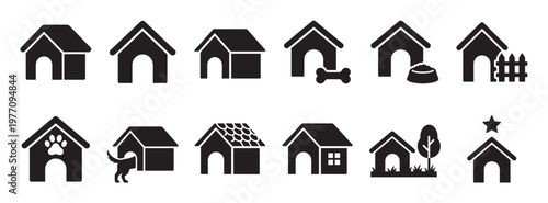 Collection of black dog house icons with various details like bones, food bowls, fences, and paw prints, presented in a clean, graphic style
