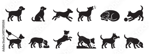 Collection of black dog silhouette icons depicting various actions like standing, sitting, running, barking, sleeping, and playing