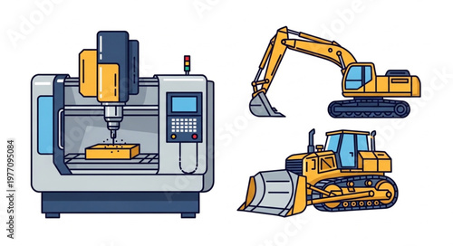 Industrial machinery and construction equipment illustration.