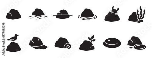 Various black rock and stone icons are arranged in rows, depicting different natural elements and interactions in a clean, graphic style