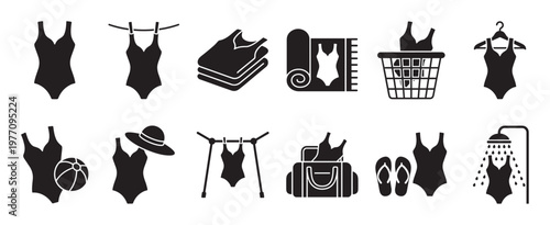 Collection of black silhouette swimsuit icons depicting various activities like drying, packing, and showering, presented in a clean, graphic style
