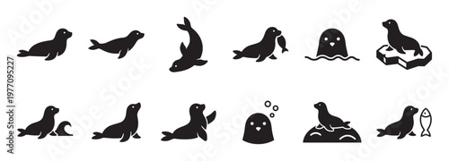 Collection of stylized black seal icons in various poses and activities, rendered in a simple graphic style