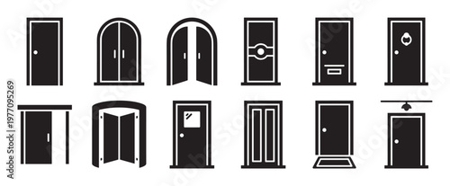 Collection of various black silhouette door icons with different designs and features, presented in a clean, modern style