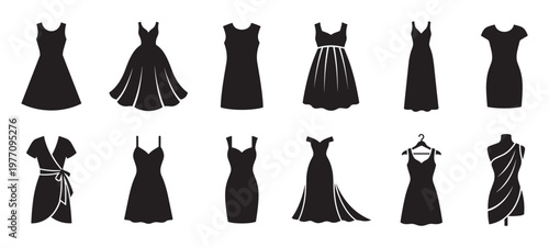 Collection of various black dress silhouettes showcasing different styles, lengths, and necklines in a clean graphic illustration