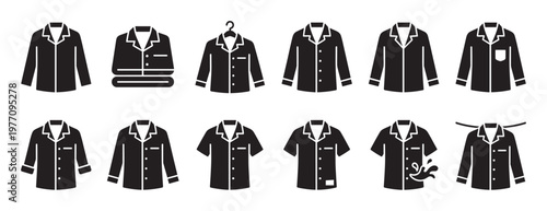 Collection of black silhouette pajama shirt icons depicting various styles and states, including folded, on a hanger, and with different sleeve lengths