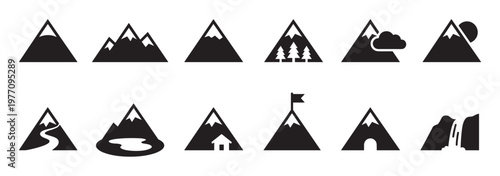 Collection of stylized black mountain icons with various elements like snow, trees, clouds, sun, roads, lakes, houses, flags, and waterfalls