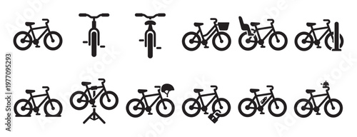 Collection of black bicycle icons in various styles and configurations, including accessories and different perspectives, presented as a graphic design element