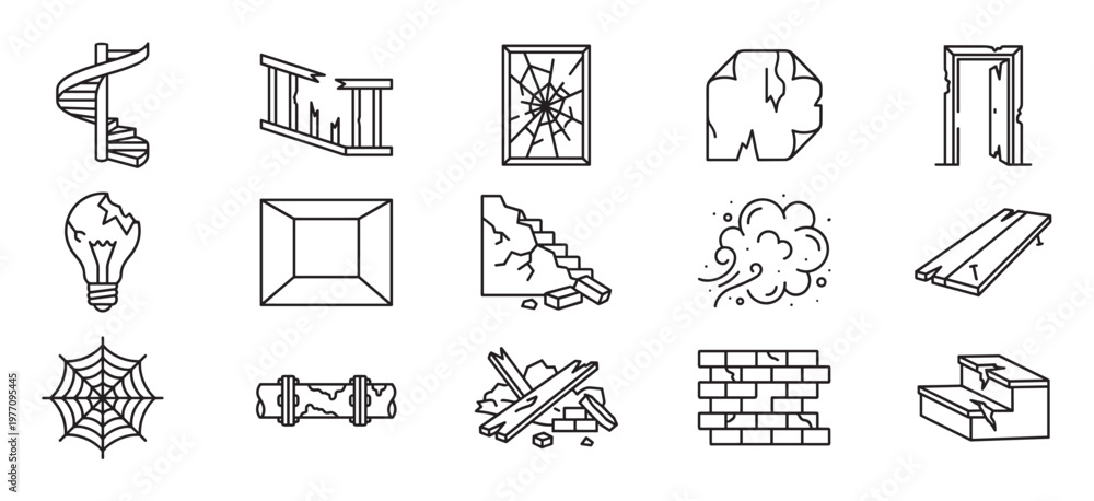 Fototapeta premium Various line art icons depicting damaged and broken objects, including a spiral staircase, shattered window, and crumbling wall