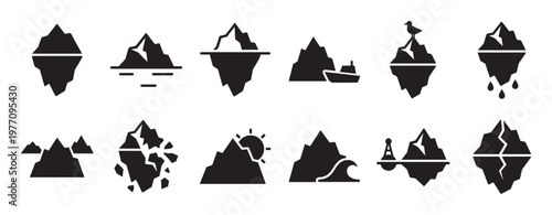 Various black iceberg and mountain icons are displayed in a grid, featuring different elements like melting, ships, and birds