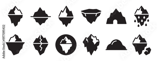 Collection of twelve distinct black iceberg icons showcasing various shapes, sizes, and states, including melting and broken ice formations