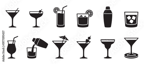 Collection of various black cocktail glasses and barware icons, including shakers, martinis, and highball drinks, presented in a clean graphic style