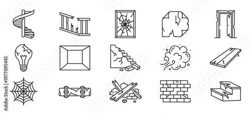 Various line art icons depicting damaged and broken objects, including a spiral staircase, shattered window, and crumbling wall