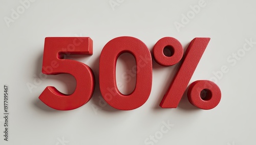 Bold red 3D numbers and percent sign create a striking fifty percent