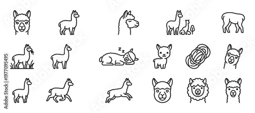 Collection of various black outline alpaca icons in different poses and expressions, presented in a clean, minimalist style