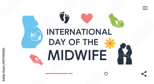 International Day of the Midwife concept with diverse icons including pregnant belly, footprints, heart, and caring hands on an isolated white background.