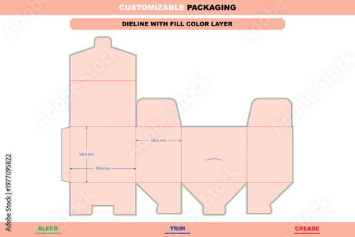 Auto bottom snap lock flip box dieline template with dimensions, featuring green bleed, blue trim, and red crease fold lines on pink background