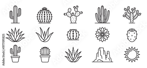 Various simple black outline desert plants and nature elements including different cacti, aloe vera, flower, rocks, and sun