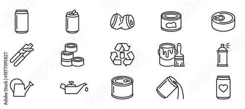 Various metal cans and recycling related objects are depicted in a clean, simple line art style