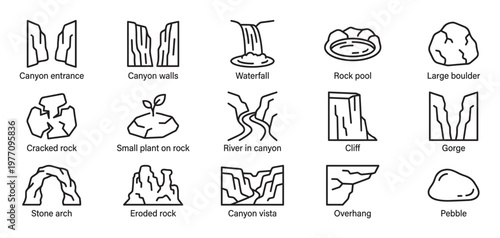 Collection of fifteen outline icons representing various natural rock formations and geological features, presented in a clean, minimalist style
