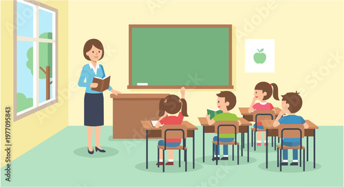 Female teacher standing by desk in cartoon classroom with students sitting at desks in bright colorful lighting for education