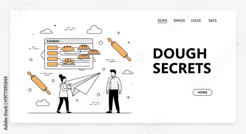 Bakery web page chef dough board tool for a food site and app map plan