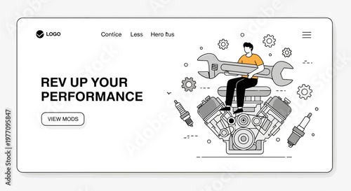 Automotive engine repair service web banner showing mechanic with wrench for car performance tuning landing