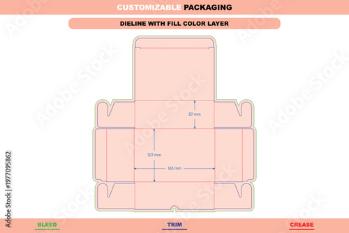 Box dieline template with fold structure, trim lines, and bleed margins, featuring labeled dimensions in millimeters on a light peach background