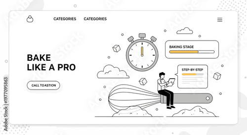 Bake like a pro website landing page with man on whisk timer and guide steps