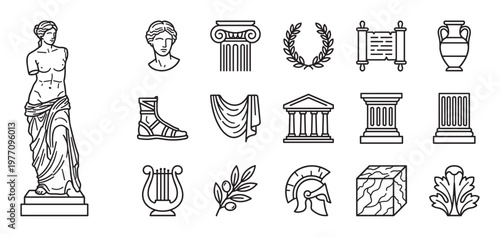 Collection of ancient Greek and Roman line art icons including statues, columns, scrolls, and other classical elements