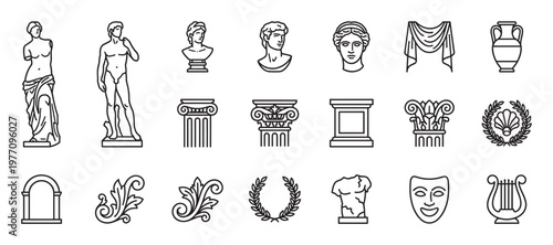 Various ancient Greek and Roman art icons, including statues, columns, and artifacts, are presented in a clean line art style