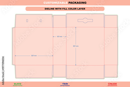 Customizable packaging dieline template with fold structure, featuring bleed, trim, and crease lines with 307 mm and 107 mm dimension measurements