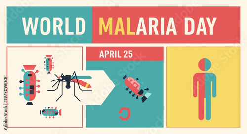World Malaria Day April 25 Awareness Poster with Mosquito, Human Figure, and Microscopic Elements