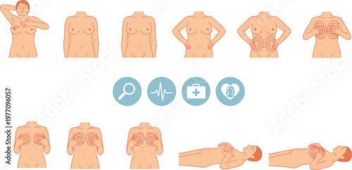 Colorful vector illustration of breast self‑examination guide symbolizing health, awareness, and prevention